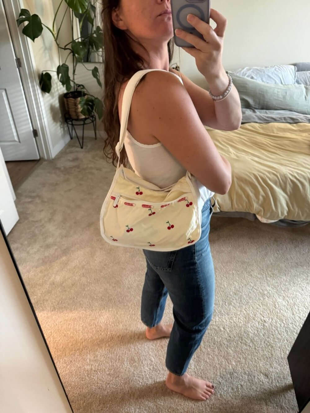 Vintage LeSportsac Cherry Embroidered Cream Shoulder Bag with Matching Insert